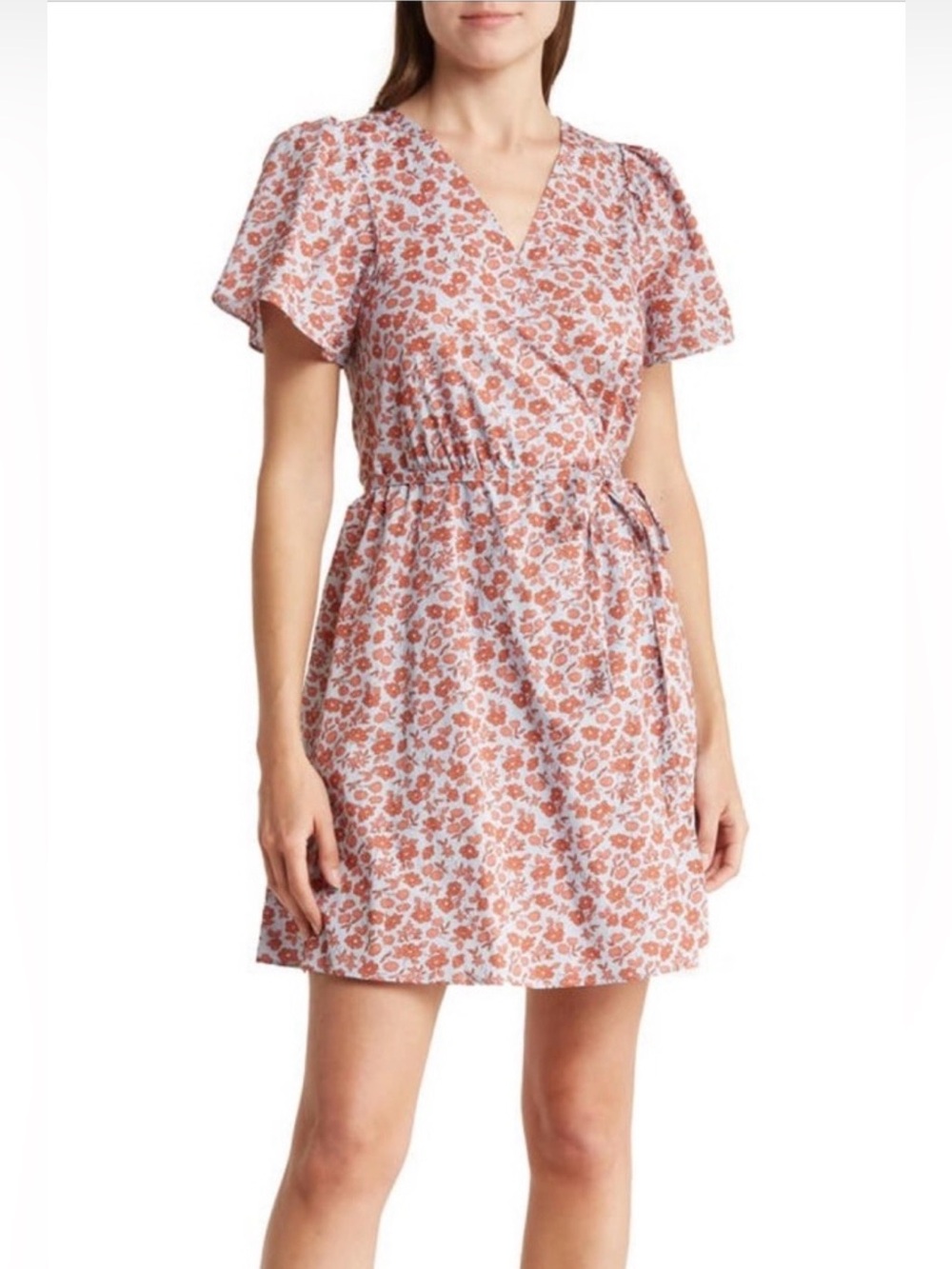 Madewell Floral Wrap-Front Short Dress in Rust Pink. Size XL